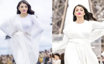 Aishwarya Rai is a vision in white as she walks the ramp at Paris Fashion Week, hand-in-hand with Helen Mirren